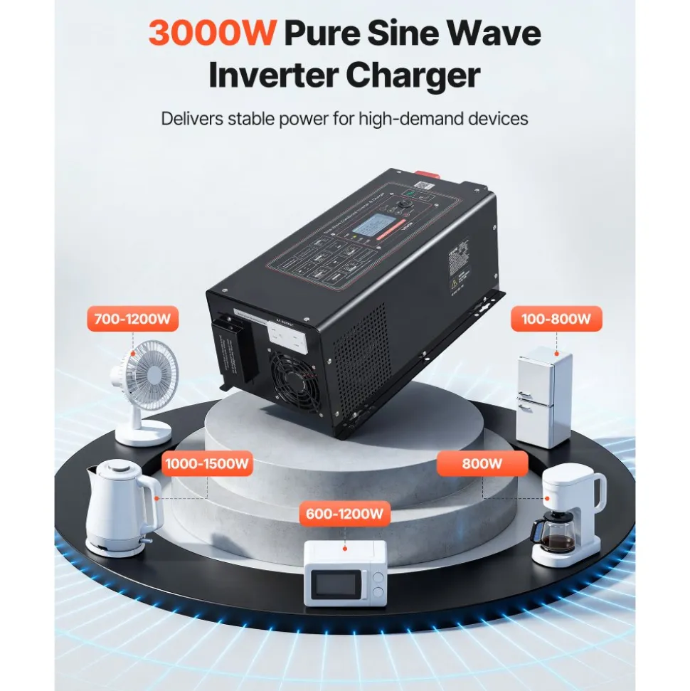 VEVOR Pure Sine Wave Inverter Charger, 3000W, DC 12V to AC 120V Power Inverter with LCD Display, Remote Control, Low Frequency, for RV Camper Home, Compatible with 12V LiFePO4 and Lithium Batteries