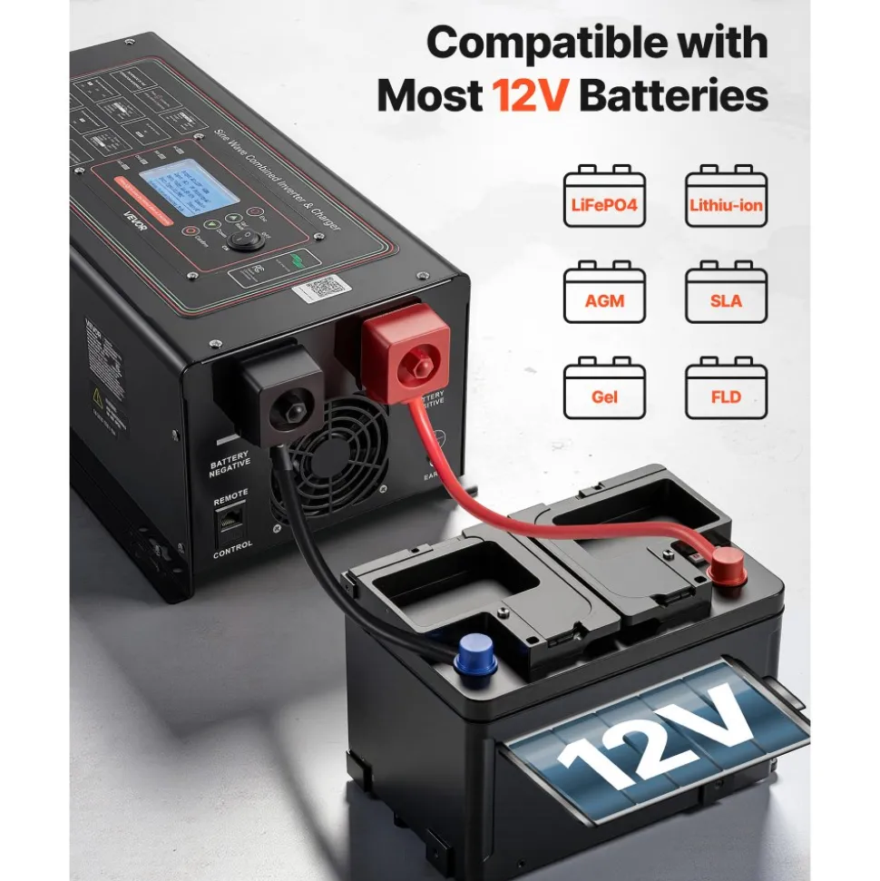 VEVOR Pure Sine Wave Inverter Charger, 1200W, DC 12V to AC 120V Power Inverter with LCD Display, Remote Control, Low Frequency, for RV Camper Home, Compatible with 12V LiFePO4 Lithium Batteries