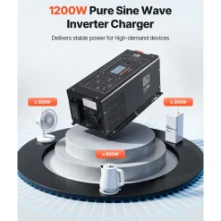 VEVOR Pure Sine Wave Inverter Charger, 1200W, DC 12V to AC 120V Power Inverter with LCD Display, Remote Control, Low Frequency, for RV Camper Home, Compatible with 12V LiFePO4 Lithium Batteries