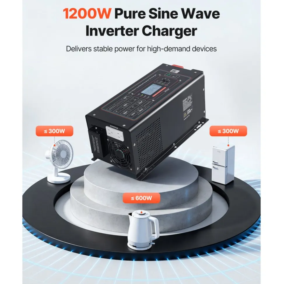 VEVOR Pure Sine Wave Inverter Charger, 1200W, DC 12V to AC 120V Power Inverter with LCD Display, Remote Control, Low Frequency, for RV Camper Home, Compatible with 12V LiFePO4 Lithium Batteries