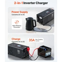 VEVOR Pure Sine Wave Inverter Charger, 1200W, DC 12V to AC 120V Power Inverter with LCD Display, Remote Control, Low Frequency, for RV Camper Home, Compatible with 12V LiFePO4 Lithium Batteries