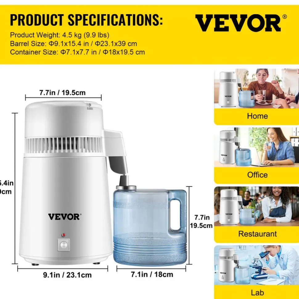 VEVOR Pure Water Distiller 750W, Purifier Filter Fully Upgraded with Handle 1.1 Gal /4L, BPA Free Container, Perfect for Home Use, White