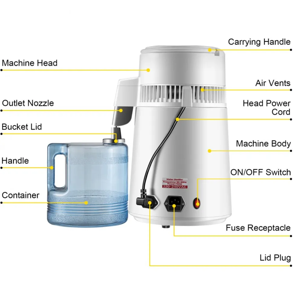 VEVOR Pure Water Distiller 750W, Purifier Filter Fully Upgraded with Handle 1.1 Gal /4L, BPA Free Container, Perfect for Home Use, White