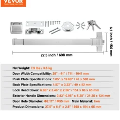 VEVOR Push Bar Door Locks, Carbon Steel Panic Bars for Exit Doors, with Exterior Lever and 3 Keys, Push Bar Panic Exit Device Door Hardware for Metal Wood Door, for Left and Right Handed Doors