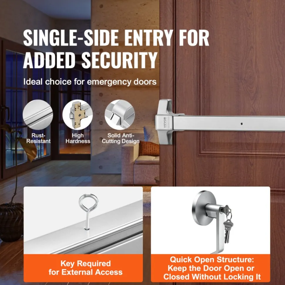 VEVOR Push Bar Door Locks, Carbon Steel Panic Bars for Exit Doors, with Exterior Lever and 3 Keys, Push Bar Panic Exit Device Door Hardware for Metal Wood Door, for Left and Right Handed Doors