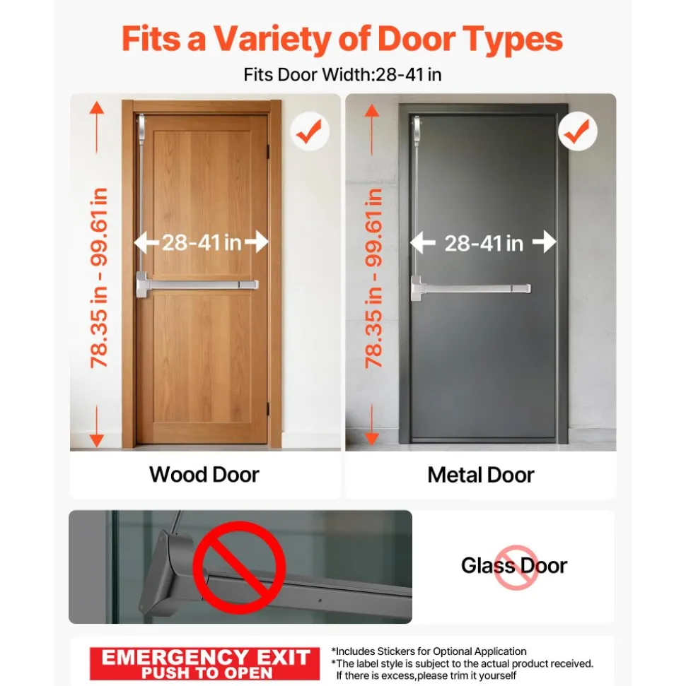 VEVOR Push Bar Panic Exit Device, 28" Stainless Steel Commercial Panic Bar for Exit Doors, Emergency Exit Door Hardware with Vertical Top Rod and Sticker, for 28"-41" Wood or Metal Door, Silver