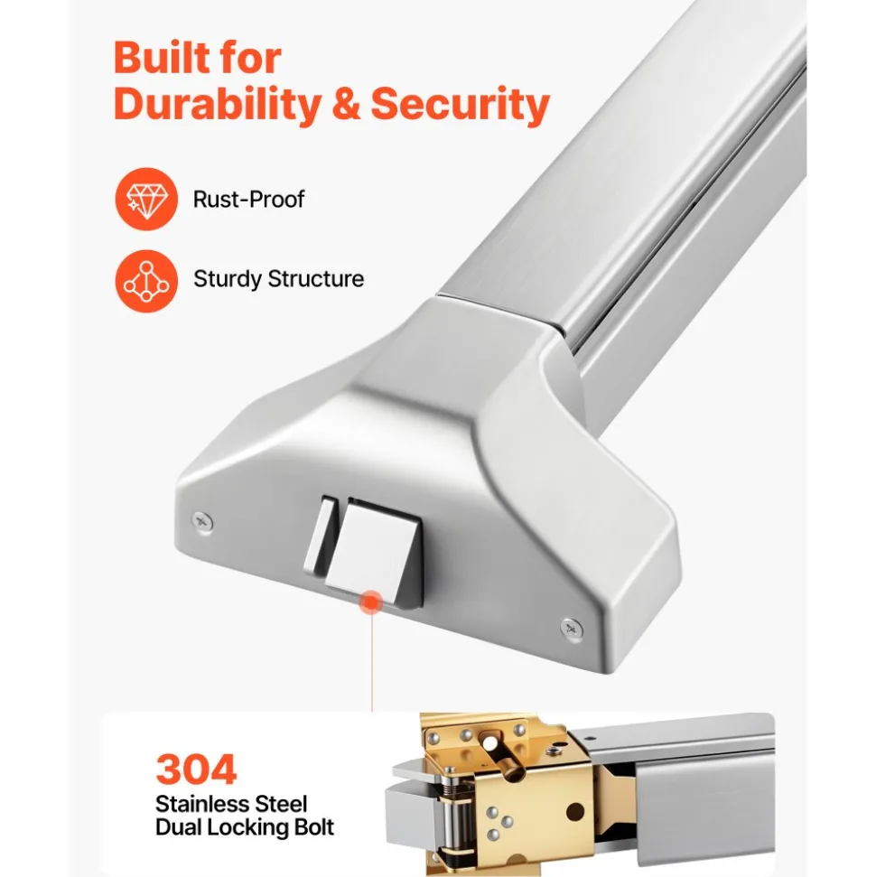 VEVOR Push Bar Panic Exit Device, 31" Stainless Steel Commercial Panic Bar for Exit Doors, Emergency Exit Door Hardware with Dual Locking Bolt and Sticker, for 31"-46" Wood or Metal Door, Silver