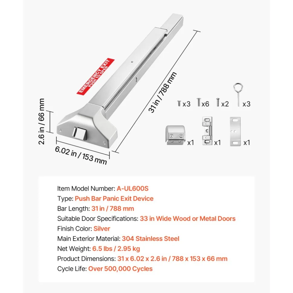 VEVOR Push Bar Panic Exit Device, 31" Stainless Steel Commercial Panic Bar for Exit Doors, Emergency Exit Door Hardware with Dual Locking Bolt and Sticker, for 31"-46" Wood or Metal Door, Silver