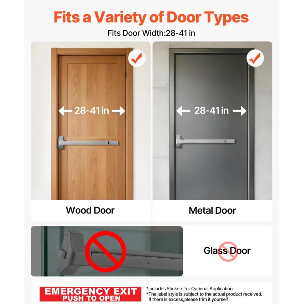 VEVOR Push Bar Panic Exit Device, 28" Premium Metal Commercial Panic Bar for Exit Doors, Emergency Exit Door Hardware with Warning Sticker, Easy Installation, for 28"-41" Wood or Metal Door, Silver