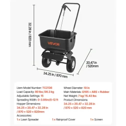 VEVOR Push Lawn Spreader, 12ft Spreading Width, Broadcast Spreader with 80lbs Load Capacity & 10 in All-Terrain Tires, Walk-Behind Garden & Lawn Broadcast Spreaders for Seed Fertilizer, Salt Ice Melt