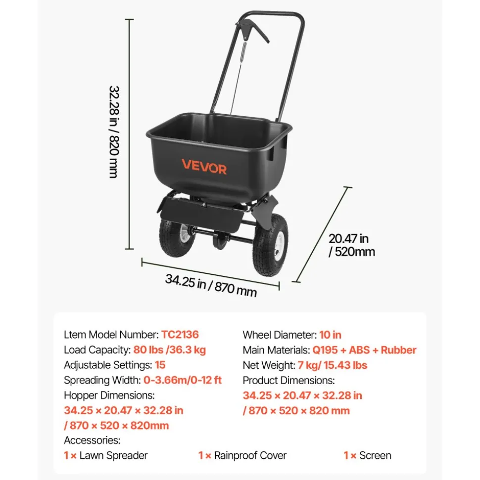 VEVOR Push Lawn Spreader, 12ft Spreading Width, Broadcast Spreader with 80lbs Load Capacity & 10 in All-Terrain Tires, Walk-Behind Garden & Lawn Broadcast Spreaders for Seed Fertilizer, Salt Ice Melt