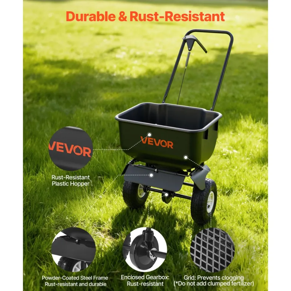 VEVOR Push Lawn Spreader, 12ft Spreading Width, Broadcast Spreader with 80lbs Load Capacity & 10 in All-Terrain Tires, Walk-Behind Garden & Lawn Broadcast Spreaders for Seed Fertilizer, Salt Ice Melt