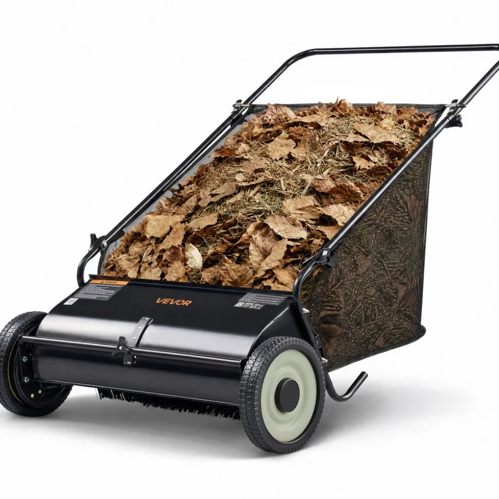 VEVOR Push Lawn Sweeper, 26-inch Leaf & Grass Collector, Strong Rubber Wheels & Heavy Duty Thickened Steel, Durable to Use with Large Capacity 7 cu. ft. Mesh Collection Hopper Bag, 4 Spinning Brushes