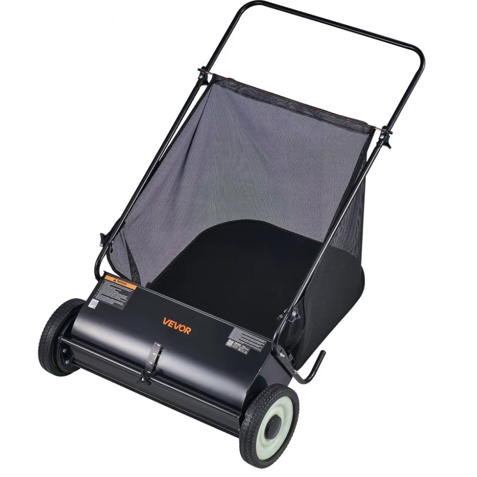 VEVOR Push Lawn Sweeper, 26-inch Leaf & Grass Collector, Strong Rubber Wheels & Heavy Duty Thickened Steel, Durable to Use with Large Capacity 7 cu. ft. Mesh Collection Hopper Bag, 4 Spinning Brushes