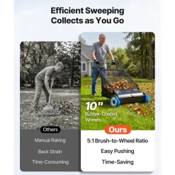 VEVOR Push Lawn Sweeper, 26-inch Leaf & Grass Collector, Strong Rubber Wheels & Heavy Duty Thickened Steel, Durable to Use with Large Capacity 7 cu. ft. Mesh Collection Hopper Bag, 4 Spinning Brushes