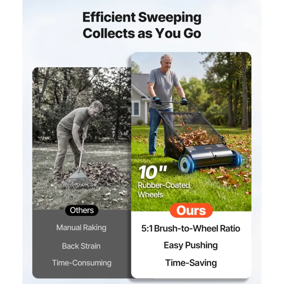VEVOR Push Lawn Sweeper, 26-inch Leaf & Grass Collector, Strong Rubber Wheels & Heavy Duty Thickened Steel, Durable to Use with Large Capacity 7 cu. ft. Mesh Collection Hopper Bag, 4 Spinning Brushes