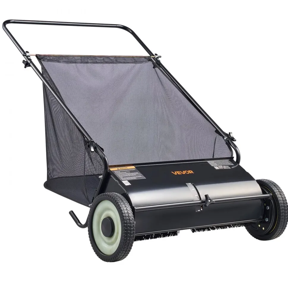 VEVOR Push Lawn Sweeper, 26-inch Leaf & Grass Collector, Strong Rubber Wheels & Heavy Duty Thickened Steel, Durable to Use with Large Capacity 7 cu. ft. Mesh Collection Hopper Bag, 4 Spinning Brushes