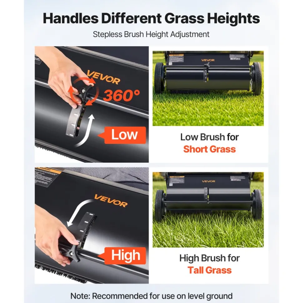 VEVOR Push Lawn Sweeper, 26-inch Leaf & Grass Collector, Strong Rubber Wheels & Heavy Duty Thickened Steel, Durable to Use with Large Capacity 7 cu. ft. Mesh Collection Hopper Bag, 4 Spinning Brushes