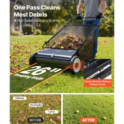 VEVOR Push Lawn Sweeper, 26-inch Leaf & Grass Collector, Strong Rubber Wheels & Heavy Duty Thickened Steel, Durable to Use with Large Capacity 7 cu. ft. Mesh Collection Hopper Bag, 4 Spinning Brushes