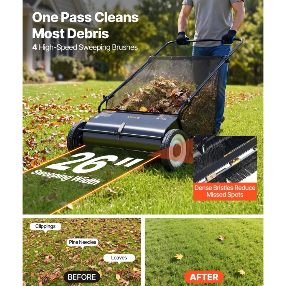 VEVOR Push Lawn Sweeper, 26-inch Leaf & Grass Collector, Strong Rubber Wheels & Heavy Duty Thickened Steel, Durable to Use with Large Capacity 7 cu. ft. Mesh Collection Hopper Bag, 4 Spinning Brushes