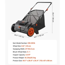 VEVOR Push Lawn Sweeper, 21inch Leaf & Grass Collector, Strong Plastic Wheels & Heavy Duty Thickened Steel Durable to Use with Large Capacity 3.5 cu. ft. Mesh Collection Hopper Bag, 2 Spinning Brushes