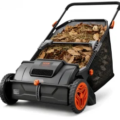 VEVOR Push Lawn Sweeper, 21inch Leaf & Grass Collector, Strong Plastic Wheels & Heavy Duty Thickened Steel Durable to Use with Large Capacity 3.5 cu. ft. Mesh Collection Hopper Bag, 2 Spinning Brushes