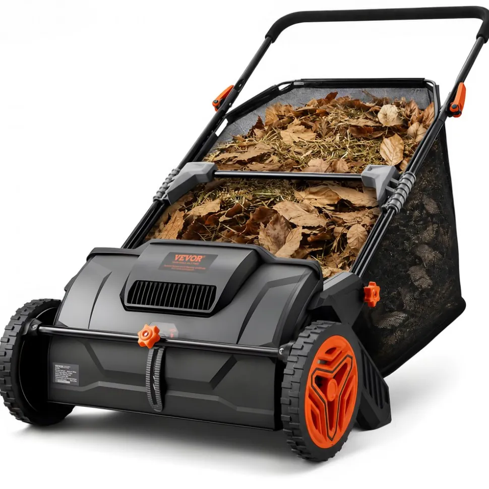VEVOR Push Lawn Sweeper, 21inch Leaf & Grass Collector, Strong Plastic Wheels & Heavy Duty Thickened Steel Durable to Use with Large Capacity 3.5 cu. ft. Mesh Collection Hopper Bag, 2 Spinning Brushes