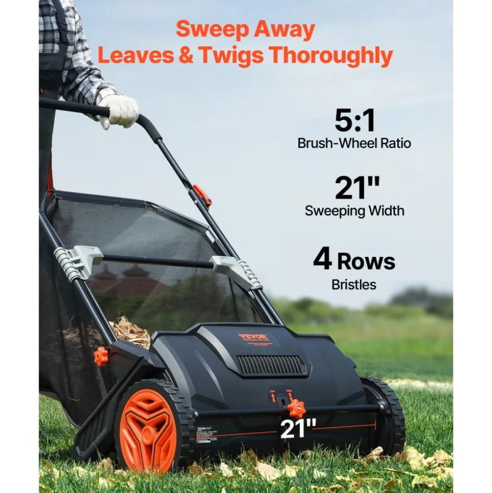 VEVOR Push Lawn Sweeper, 21inch Leaf & Grass Collector, Strong Plastic Wheels & Heavy Duty Thickened Steel Durable to Use with Large Capacity 3.5 cu. ft. Mesh Collection Hopper Bag, 2 Spinning Brushes