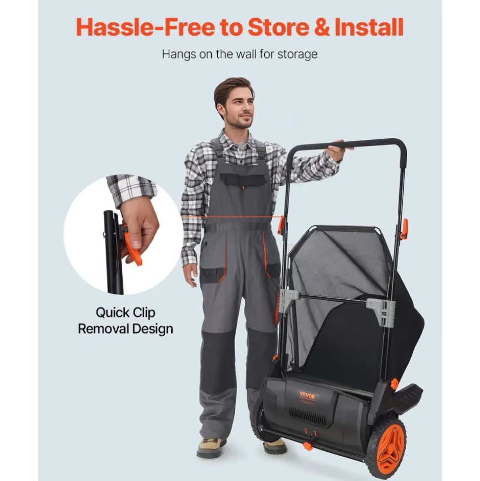 VEVOR Push Lawn Sweeper, 21inch Leaf & Grass Collector, Strong Plastic Wheels & Heavy Duty Thickened Steel Durable to Use with Large Capacity 3.5 cu. ft. Mesh Collection Hopper Bag, 2 Spinning Brushes
