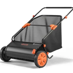 VEVOR Push Lawn Sweeper, 26 in Leaf & Grass Collector with 7 cu. ft. Hopper Bag, Adjustable Brush Height & Spinning Brushes, Heavy Duty Yard Sweeper with Rubber Wheels for Leaves Grass Cleanup