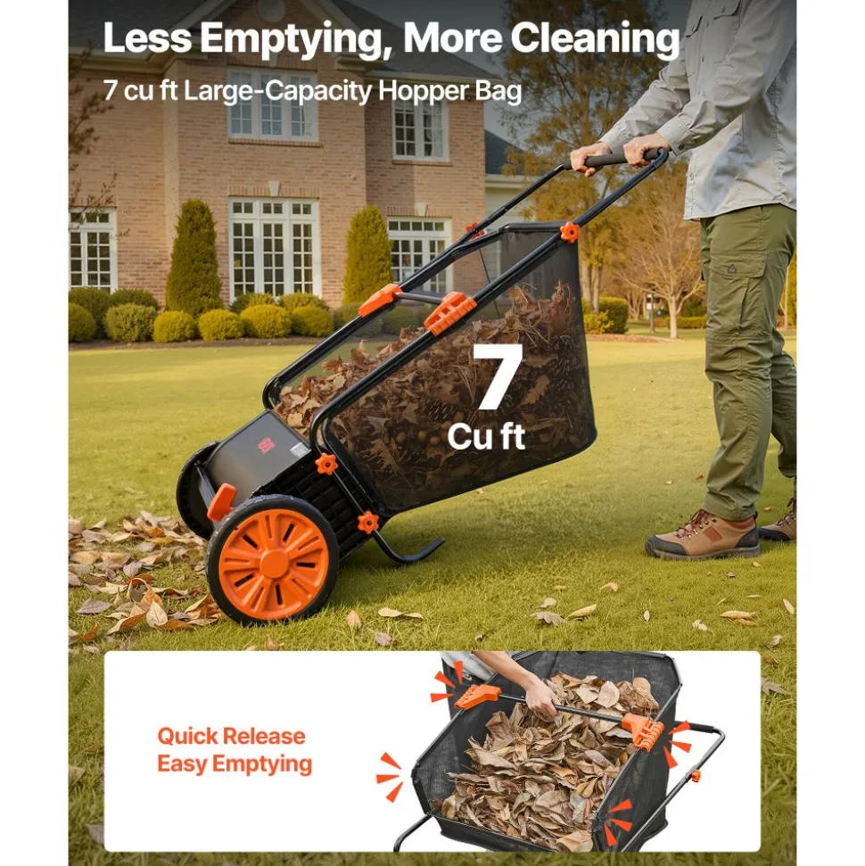 VEVOR Push Lawn Sweeper, 26 in Leaf & Grass Collector with 7 cu. ft. Hopper Bag, Adjustable Brush Height & Spinning Brushes, Heavy Duty Yard Sweeper with Rubber Wheels for Leaves Grass Cleanup
