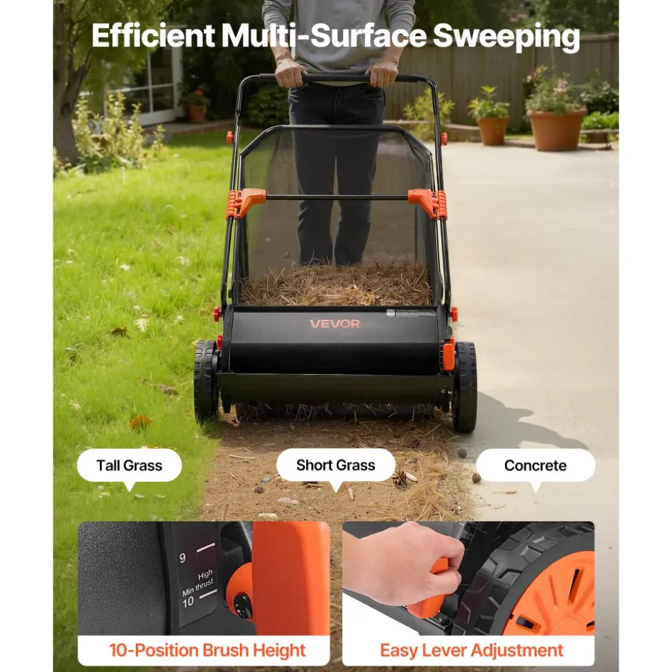 VEVOR Push Lawn Sweeper, 26 in Leaf & Grass Collector with 7 cu. ft. Hopper Bag, Adjustable Brush Height & Spinning Brushes, Heavy Duty Yard Sweeper with Rubber Wheels for Leaves Grass Cleanup