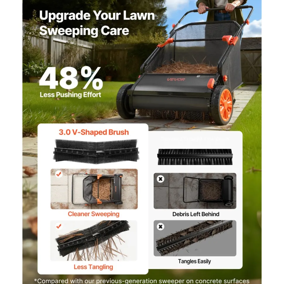 VEVOR Push Lawn Sweeper, 26 in Leaf & Grass Collector with 7 cu. ft. Hopper Bag, Adjustable Brush Height & Spinning Brushes, Heavy Duty Yard Sweeper with Rubber Wheels for Leaves Grass Cleanup