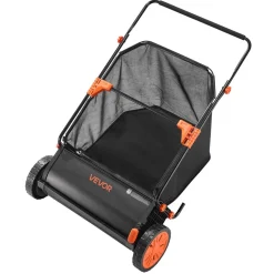 VEVOR Push Lawn Sweeper, 26 in Leaf & Grass Collector with 7 cu. ft. Hopper Bag, Adjustable Brush Height & Spinning Brushes, Heavy Duty Yard Sweeper with Rubber Wheels for Leaves Grass Cleanup