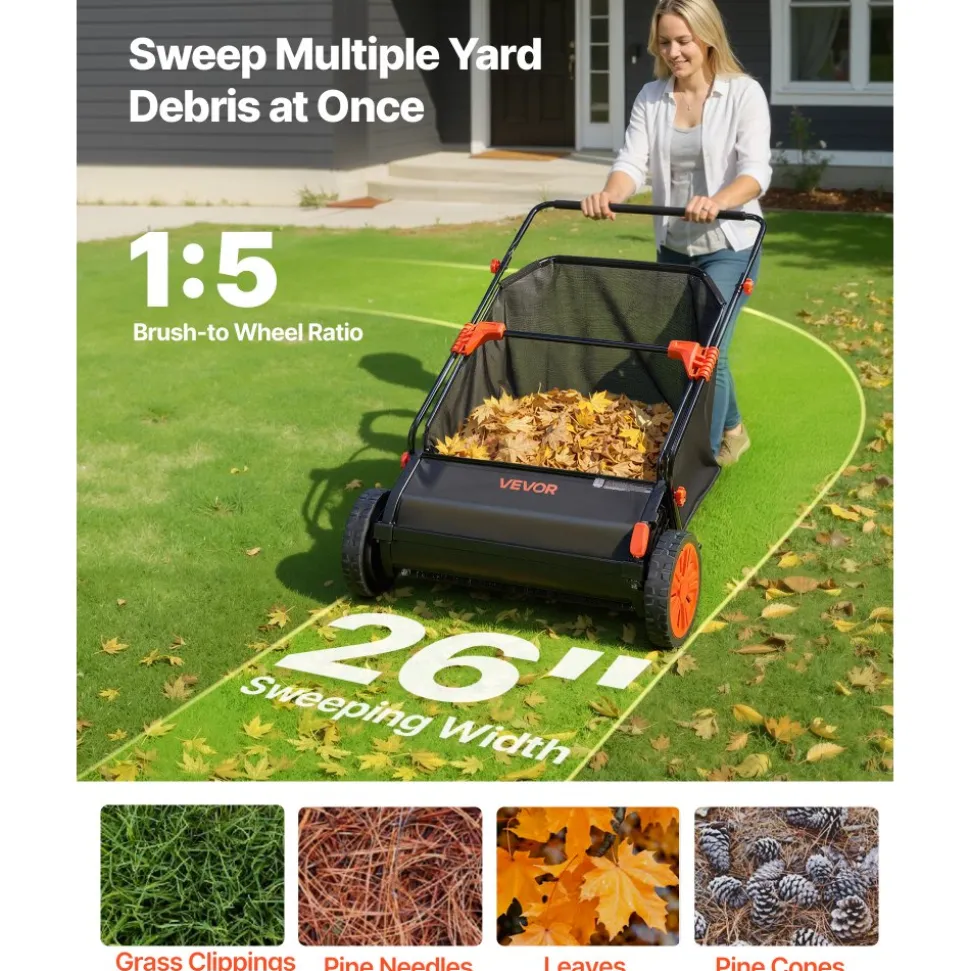 VEVOR Push Lawn Sweeper, 26 in Leaf & Grass Collector with 7 cu. ft. Hopper Bag, Adjustable Brush Height & Spinning Brushes, Heavy Duty Yard Sweeper with Rubber Wheels for Leaves Grass Cleanup