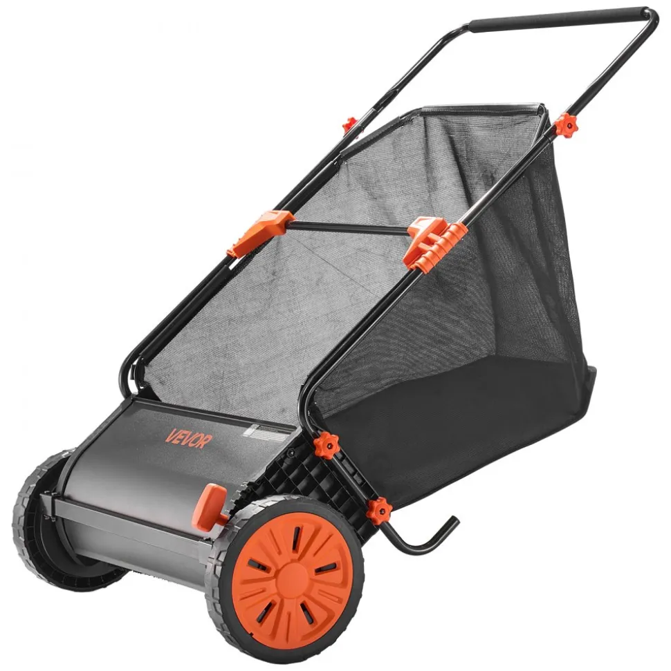 VEVOR Push Lawn Sweeper, 26 in Leaf & Grass Collector with 7 cu. ft. Hopper Bag, Adjustable Brush Height & Spinning Brushes, Heavy Duty Yard Sweeper with Rubber Wheels for Leaves Grass Cleanup