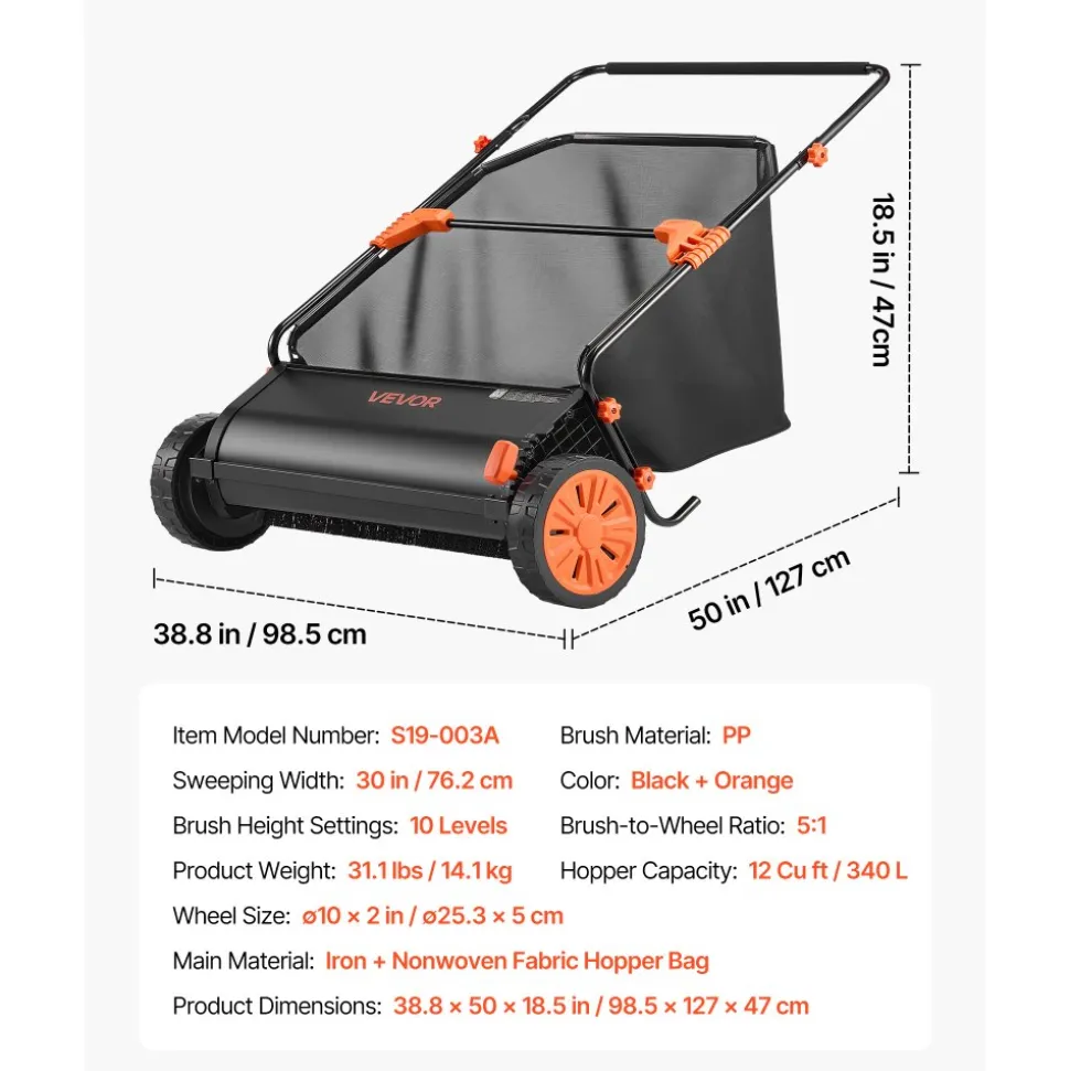 VEVOR Push Lawn Sweeper, 30 in Leaf & Grass Collector with 12 cu. ft. Hopper Bag, Adjustable Brush Height & Spinning Brushes, Heavy Duty Yard Sweeper with Rubber Wheels for Leaves Grass Cleanup