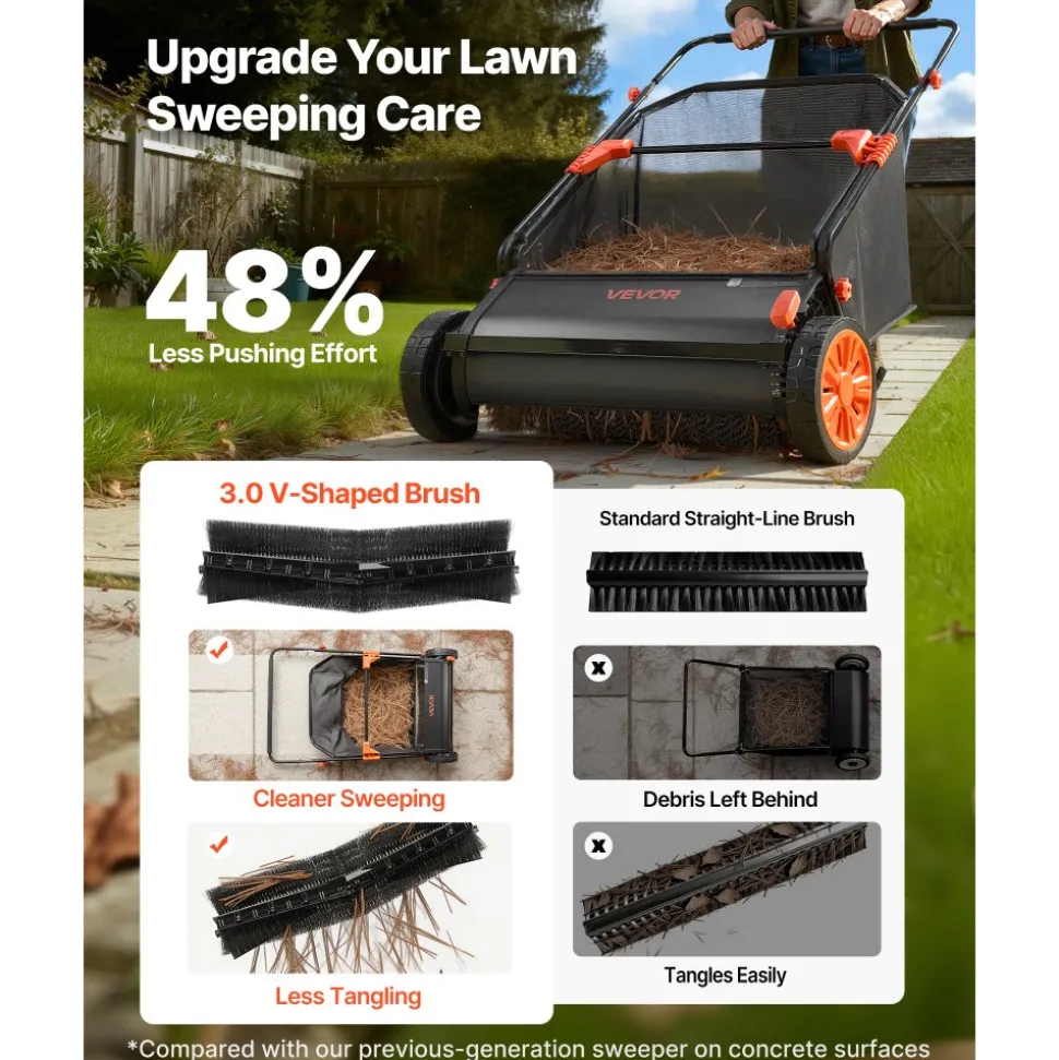 VEVOR Push Lawn Sweeper, 30 in Leaf & Grass Collector with 12 cu. ft. Hopper Bag, Adjustable Brush Height & Spinning Brushes, Heavy Duty Yard Sweeper with Rubber Wheels for Leaves Grass Cleanup