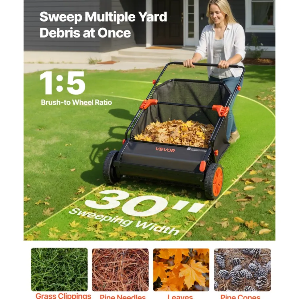 VEVOR Push Lawn Sweeper, 30 in Leaf & Grass Collector with 12 cu. ft. Hopper Bag, Adjustable Brush Height & Spinning Brushes, Heavy Duty Yard Sweeper with Rubber Wheels for Leaves Grass Cleanup