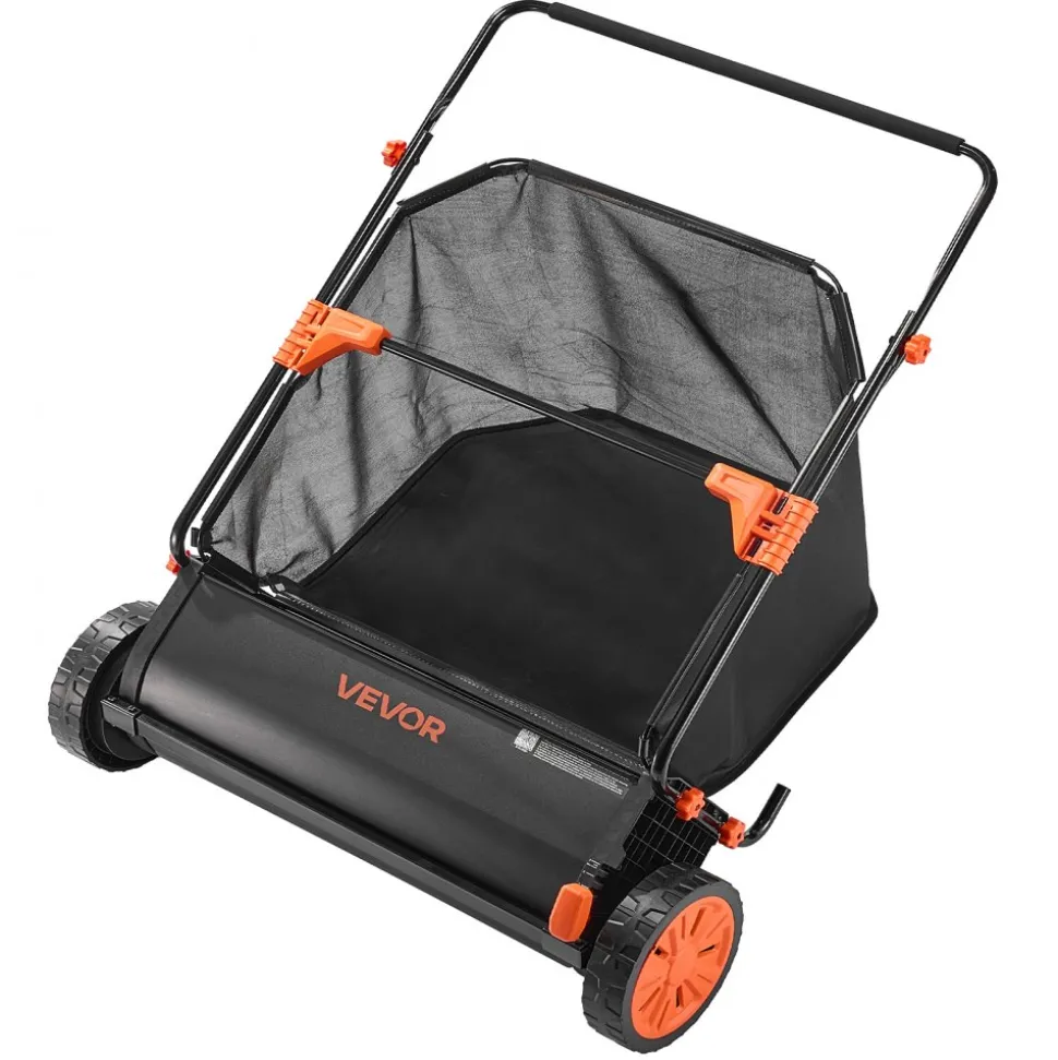 VEVOR Push Lawn Sweeper, 30 in Leaf & Grass Collector with 12 cu. ft. Hopper Bag, Adjustable Brush Height & Spinning Brushes, Heavy Duty Yard Sweeper with Rubber Wheels for Leaves Grass Cleanup