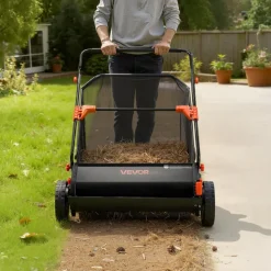 VEVOR Push Lawn Sweeper, 30 in Leaf & Grass Collector with 12 cu. ft. Hopper Bag, Adjustable Brush Height & Spinning Brushes, Heavy Duty Yard Sweeper with Rubber Wheels for Leaves Grass Cleanup