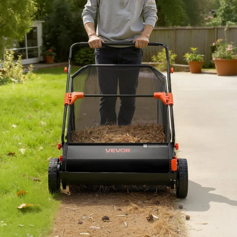 VEVOR Push Lawn Sweeper, 30 in Leaf & Grass Collector with 12 cu. ft. Hopper Bag, Adjustable Brush Height & Spinning Brushes, Heavy Duty Yard Sweeper with Rubber Wheels for Leaves Grass Cleanup