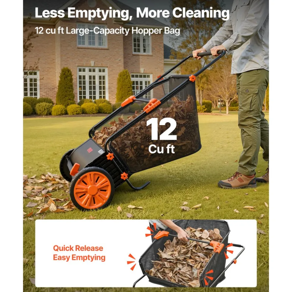 VEVOR Push Lawn Sweeper, 30 in Leaf & Grass Collector with 12 cu. ft. Hopper Bag, Adjustable Brush Height & Spinning Brushes, Heavy Duty Yard Sweeper with Rubber Wheels for Leaves Grass Cleanup