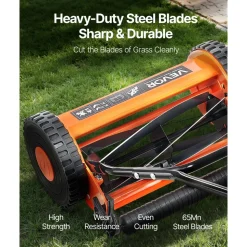 VEVOR Push Reel Lawn Mower 16 inch, 5 Blades Manual Push Mower No Motor, 0.6-1.75 in Adjustable Cutting Height, Walk-Behind Lawn Mowers with Grass Catcher Bag for Green Lawns, Driveways, Courtyards