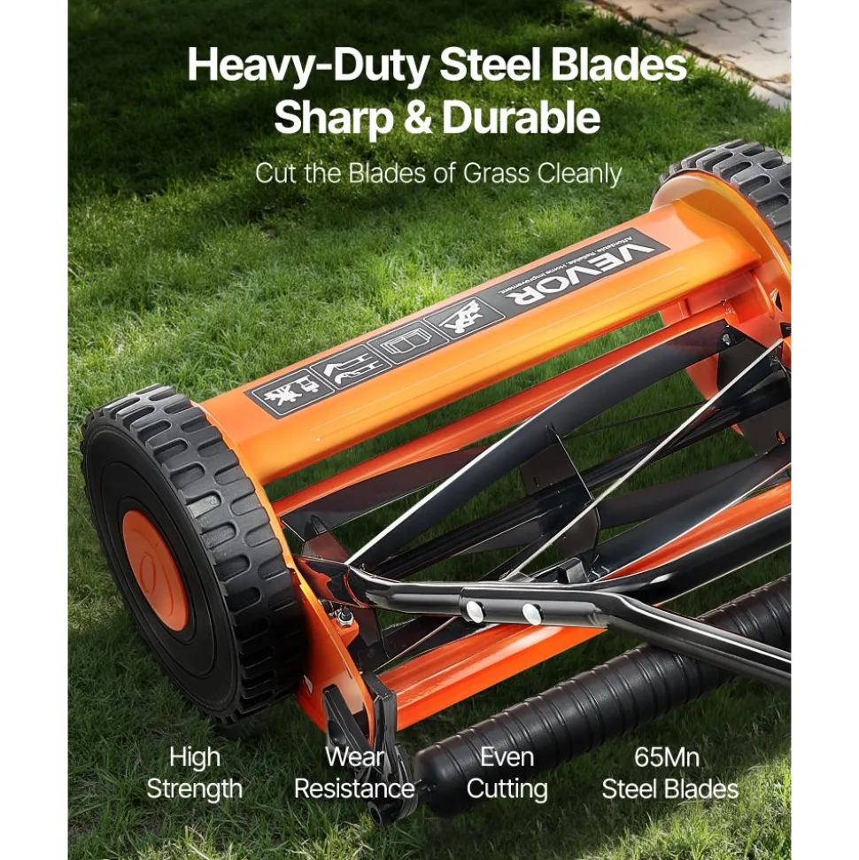 VEVOR Push Reel Lawn Mower 14 inch, 5 Blades Manual Push Mower No Motor, 0.6-1.75 in Adjustable Cutting Height, Walk-Behind Lawn Mowers with Grass Catcher Bag for Green Lawns, Driveways, Courtyards