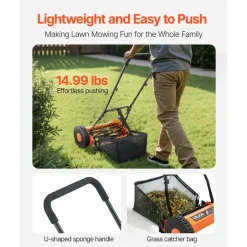 VEVOR Push Reel Lawn Mower 14 inch, 5 Blades Manual Push Mower No Motor, 0.6-1.75 in Adjustable Cutting Height, Walk-Behind Lawn Mowers with Grass Catcher Bag for Green Lawns, Driveways, Courtyards