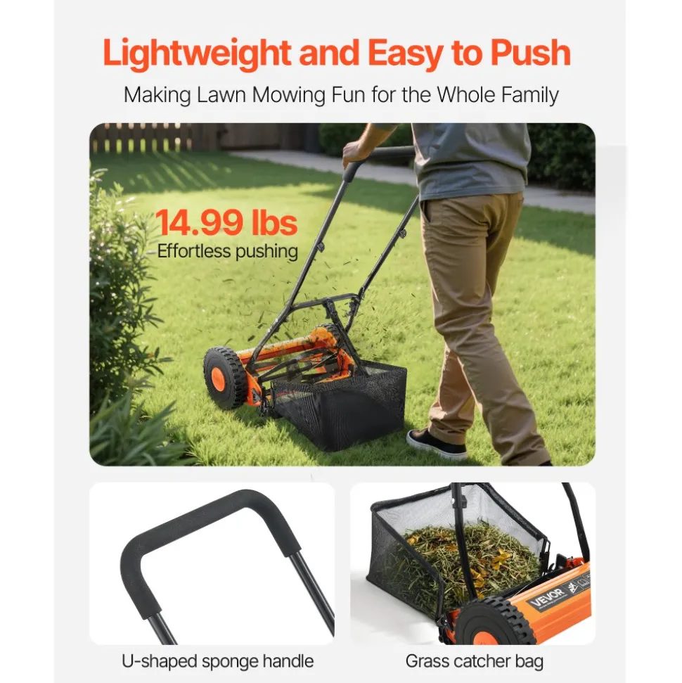 VEVOR Push Reel Lawn Mower 14 inch, 5 Blades Manual Push Mower No Motor, 0.6-1.75 in Adjustable Cutting Height, Walk-Behind Lawn Mowers with Grass Catcher Bag for Green Lawns, Driveways, Courtyards