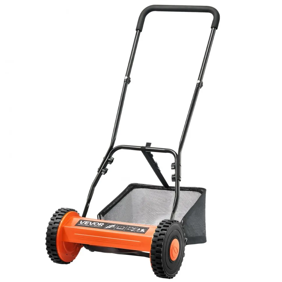 VEVOR Push Reel Lawn Mower 14 inch, 5 Blades Manual Push Mower No Motor, 0.6-1.75 in Adjustable Cutting Height, Walk-Behind Lawn Mowers with Grass Catcher Bag for Green Lawns, Driveways, Courtyards
