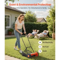VEVOR Push Reel Lawn Mower 14 inch, 5 Blades Manual Push Mower No Motor, 0.6-1.75 in Adjustable Cutting Height, Walk-Behind Lawn Mowers with Grass Catcher Bag for Green Lawns, Driveways, Courtyards