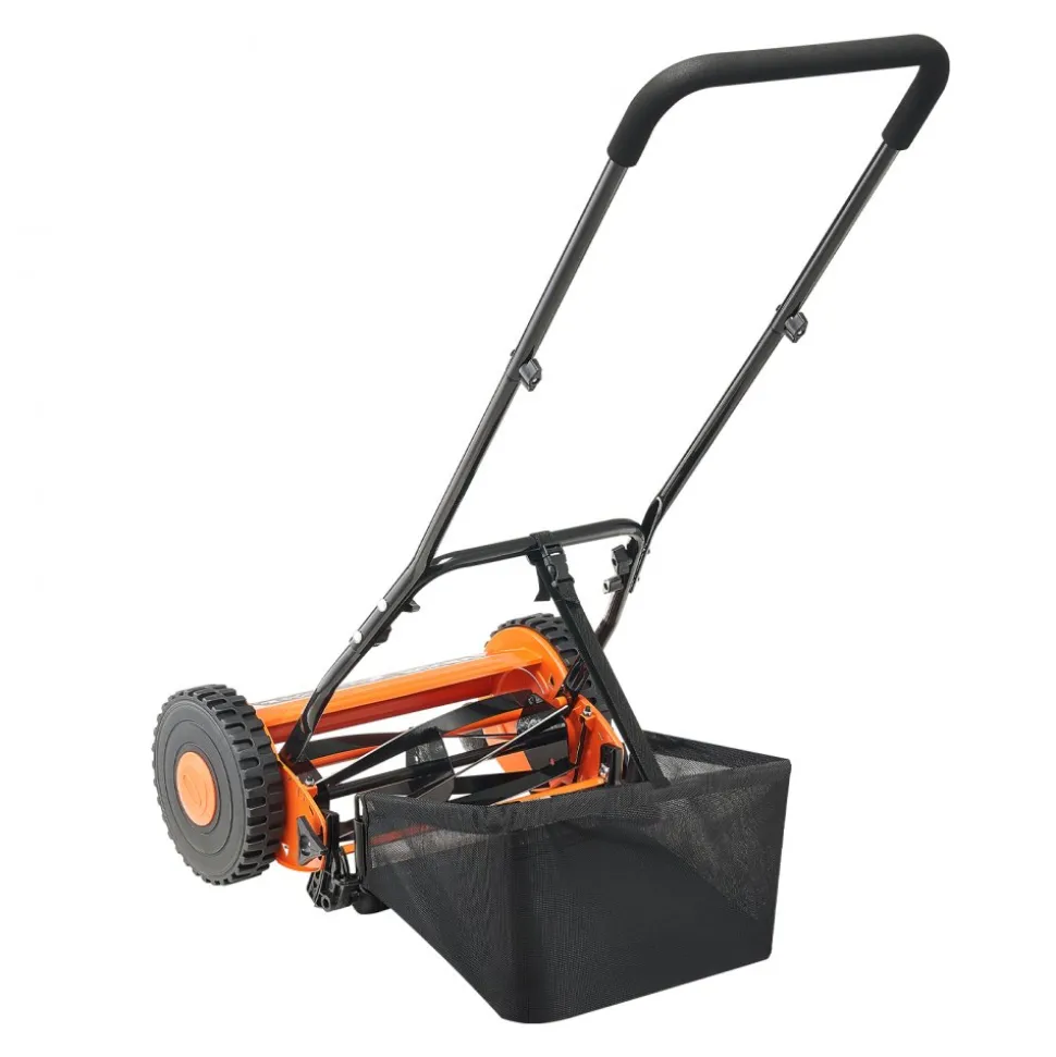 VEVOR Push Reel Lawn Mower 14 inch, 5 Blades Manual Push Mower No Motor, 0.6-1.75 in Adjustable Cutting Height, Walk-Behind Lawn Mowers with Grass Catcher Bag for Green Lawns, Driveways, Courtyards